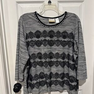 Alfred Dunner Gray & Black Striped Tunic with Lace Trim